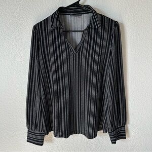 Adrianna Papell Black, White  Fitted Blouse with Notched Collar, Business Casual